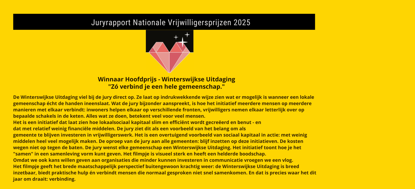 De Winterswijkse Uitdaging viel bij de jury direct op. Ze laat op indrukwekkende wijze zien wat er mogelijk is wanneer een lokale gemeenschap écht de handen ineenslaat.