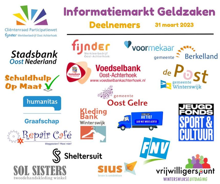 Hier vind je alle organisaties die meedooen aan de Informatiemarkt Geldzaken op vrijdag 31 maart 2023.