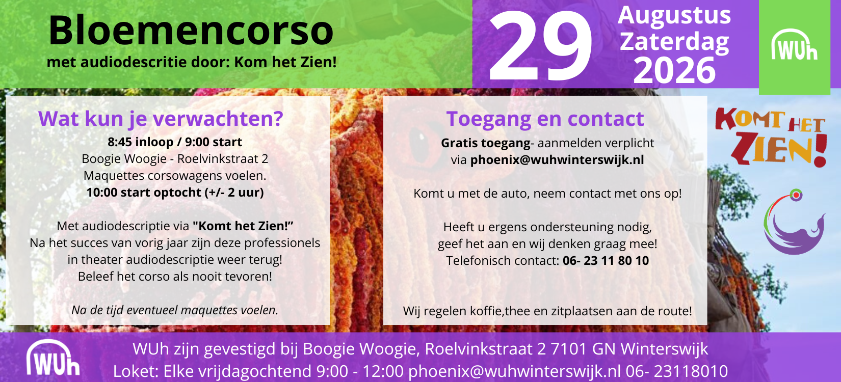 "Poster van het Bloemencorso Winterswijk 2026 met audiodescriptie door Kom het Zien!, met kleurrijke bloemenachtergrond en informatie over datum, locatie, programma, toegankelijkheid en contactgegevens."