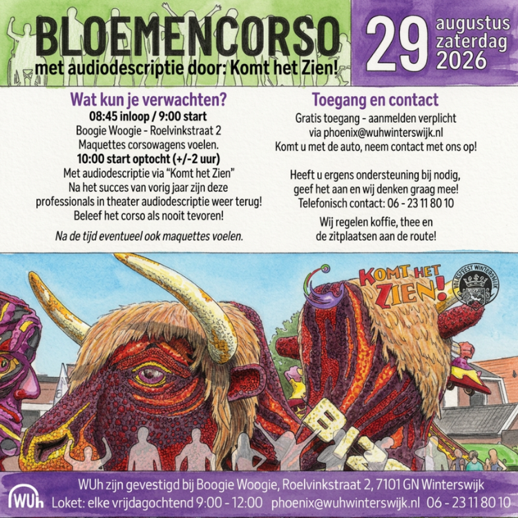 "Poster van het Bloemencorso Winterswijk 2026 met audiodescriptie door Kom het Zien!, met kleurrijke bloemenachtergrond en informatie over datum, locatie, programma, toegankelijkheid en contactgegevens."